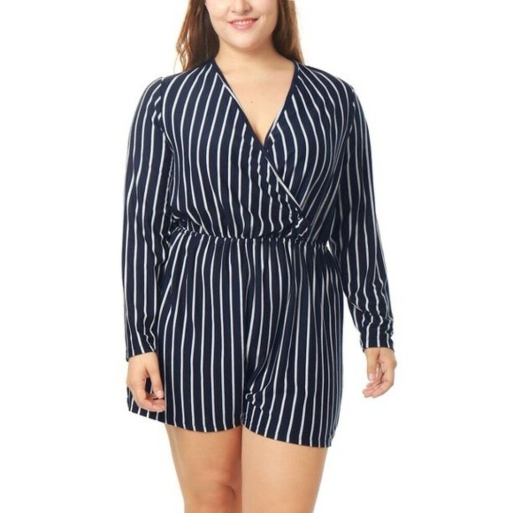 Boho Navy White Stripe Long Sleeve Romper Surplice V Neck Elastic Waist Coastal - Picture 5 of 5